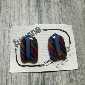 Fusions Women's Handblown Glass Stud Earrings Blue & Pink NWT